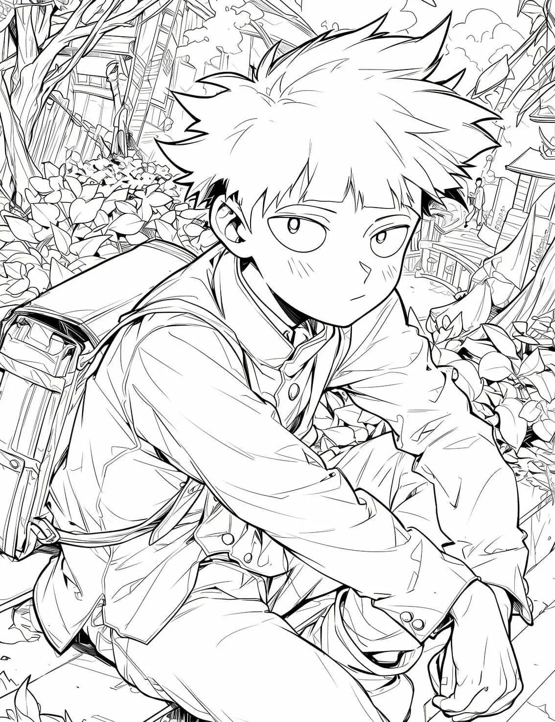 Coloring page featuring Shigeo Kageyama from Mob Psycho 100, with a peaceful scene for creative coloring by fans.