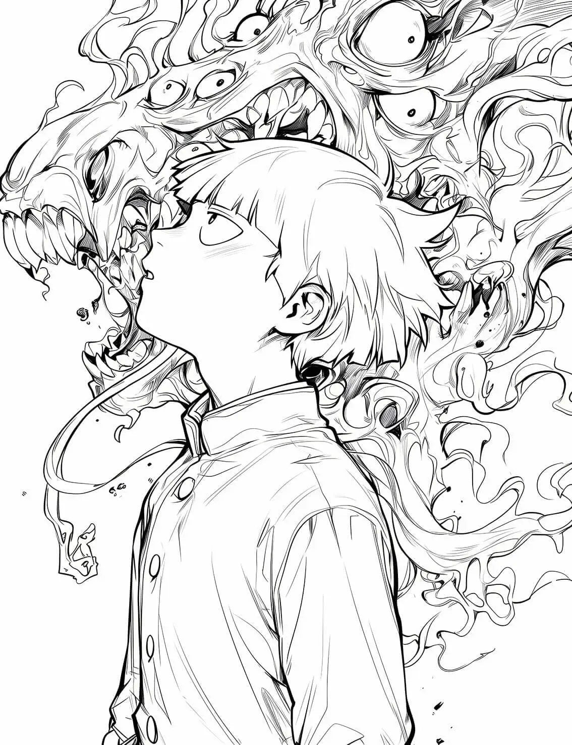 Coloring page featuring Mob Psycho 100's Facing the Abyss Spirit Monster art for creative coloring by fans of the series.