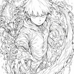 Coloring page featuring Mob Psycho 100's Shigeo Kageyama in psychic vortex action, by Infinite Visibility.