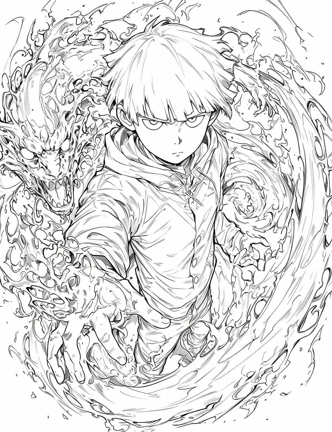 Coloring page featuring Mob Psycho 100's Shigeo Kageyama in psychic vortex action, by Infinite Visibility.