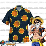 Luffy Dressrosa cosplay trousers and Hawaiian shirt set from One Piece, featuring vibrant colors and detailed character design.