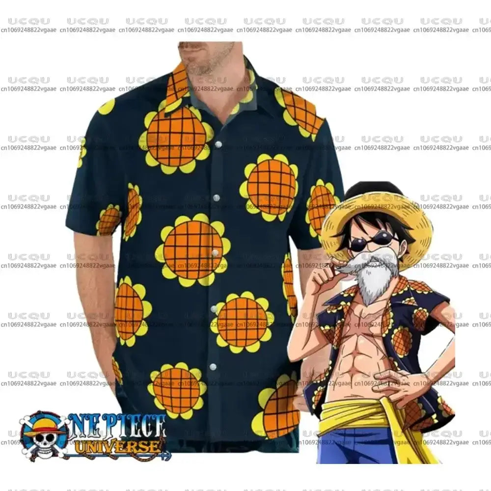 Luffy Dressrosa cosplay trousers and Hawaiian shirt set from One Piece, featuring vibrant fabric and detailed character design.
