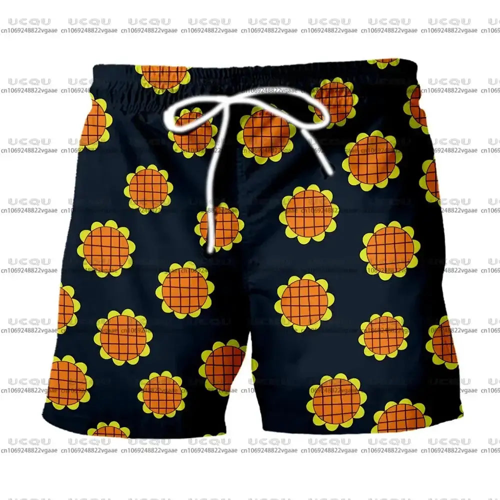 Luffy Dressrosa cosplay trousers and Hawaiian shirt set from One Piece, featuring vibrant pirate-themed design and comfortable fit.