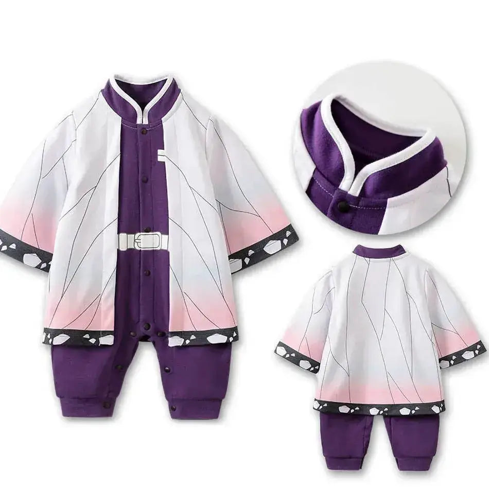 Anime baby romper cosplay costume for newborns, featuring cute character design in soft fabric for ages 0-18 months.