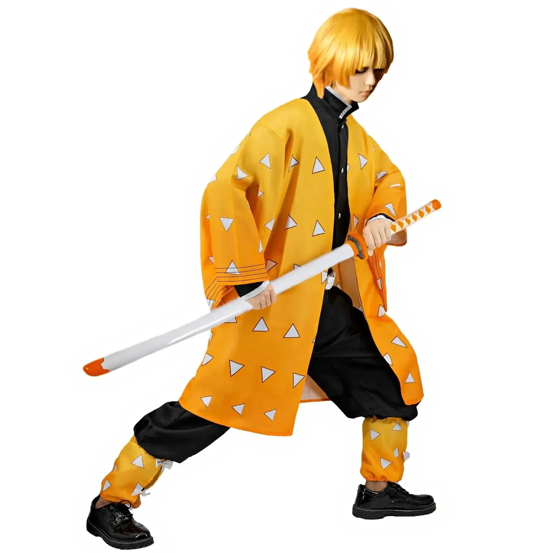 Zenitsu Demon Slayer cosplay costume with kimono and wig set, featuring traditional design and vibrant colors for anime cosplay enthusiasts.