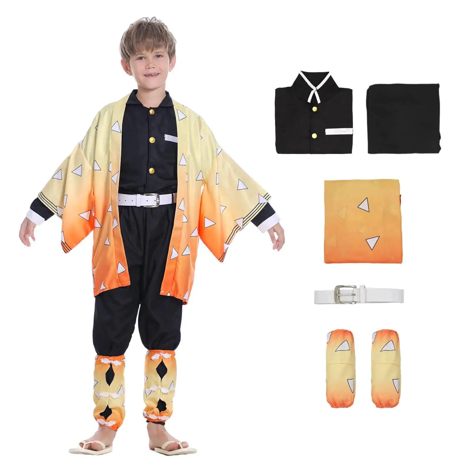 Zenitsu Demon Slayer cosplay costume with kimono and wig set, featuring detailed yellow haori and accessories for anime cosplay.