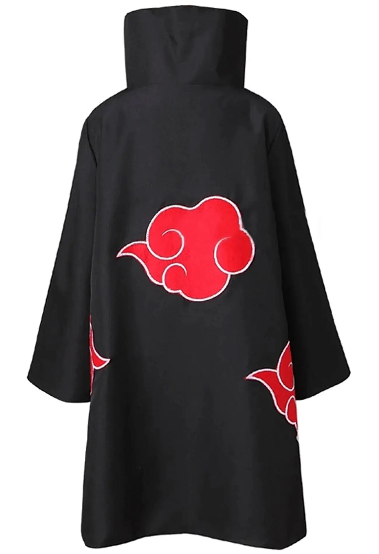Kids and adult Akatsuki Itachi cosplay cloak from Infinite Visibility, featuring a dark robe with red cloud patterns and hood.