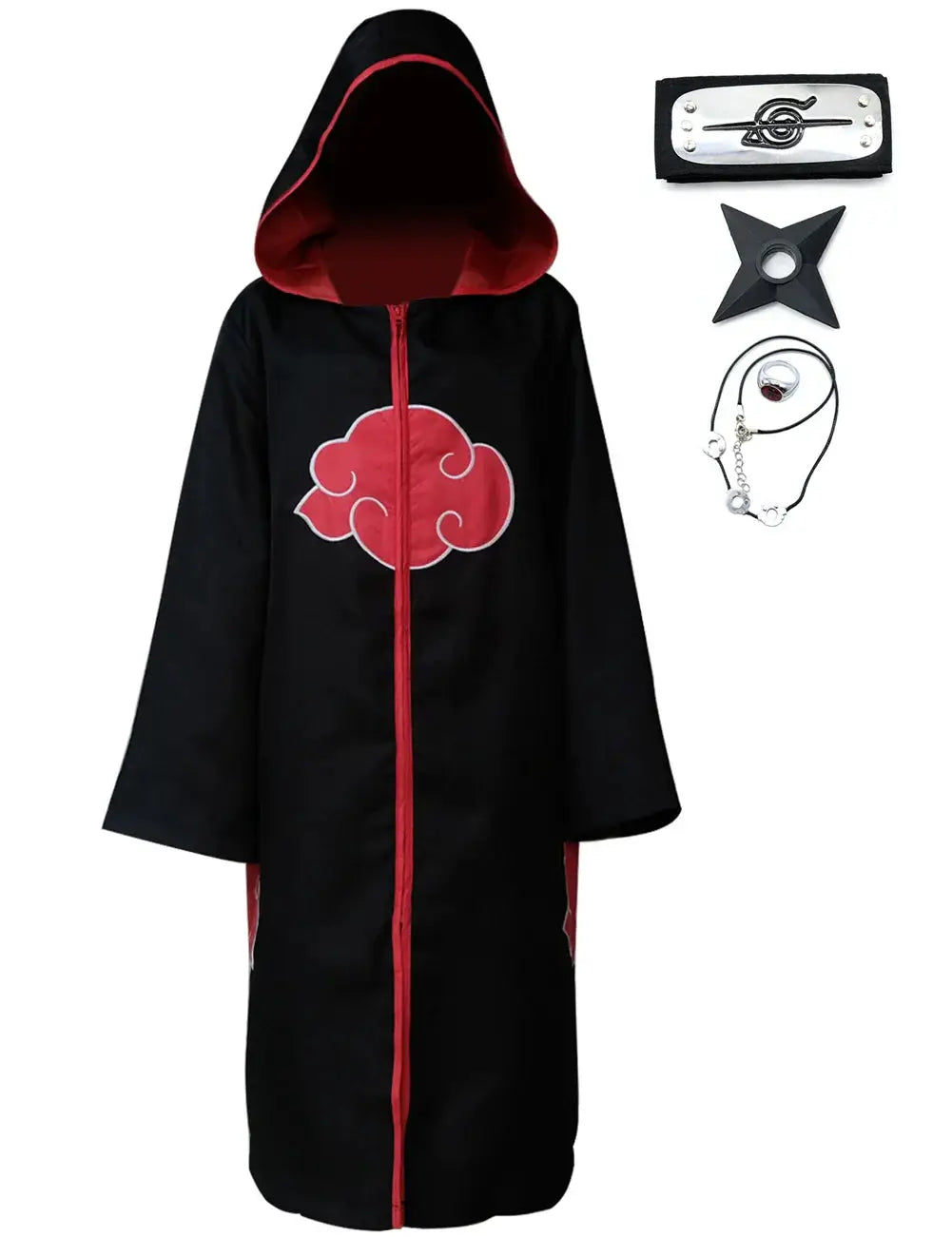 Kids and adult Akatsuki Itachi cloak cosplay costume robe from Infinite Visibility, featuring dark fabric and intricate design details.