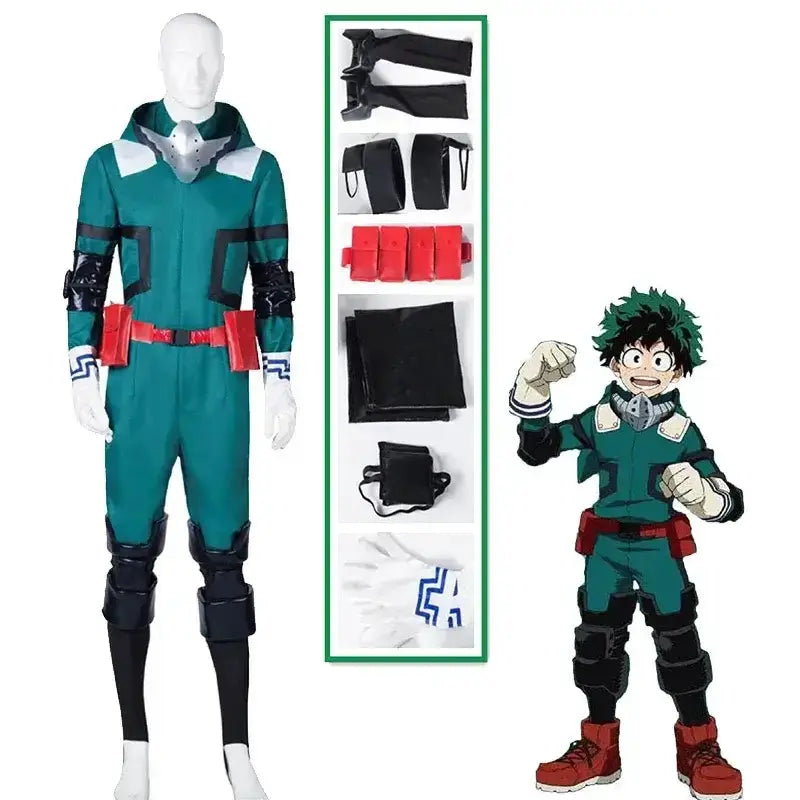 Midoriya Izuku Deku cosplay costume from My Hero Academia, featuring green jumpsuit with hero logo and costume details.