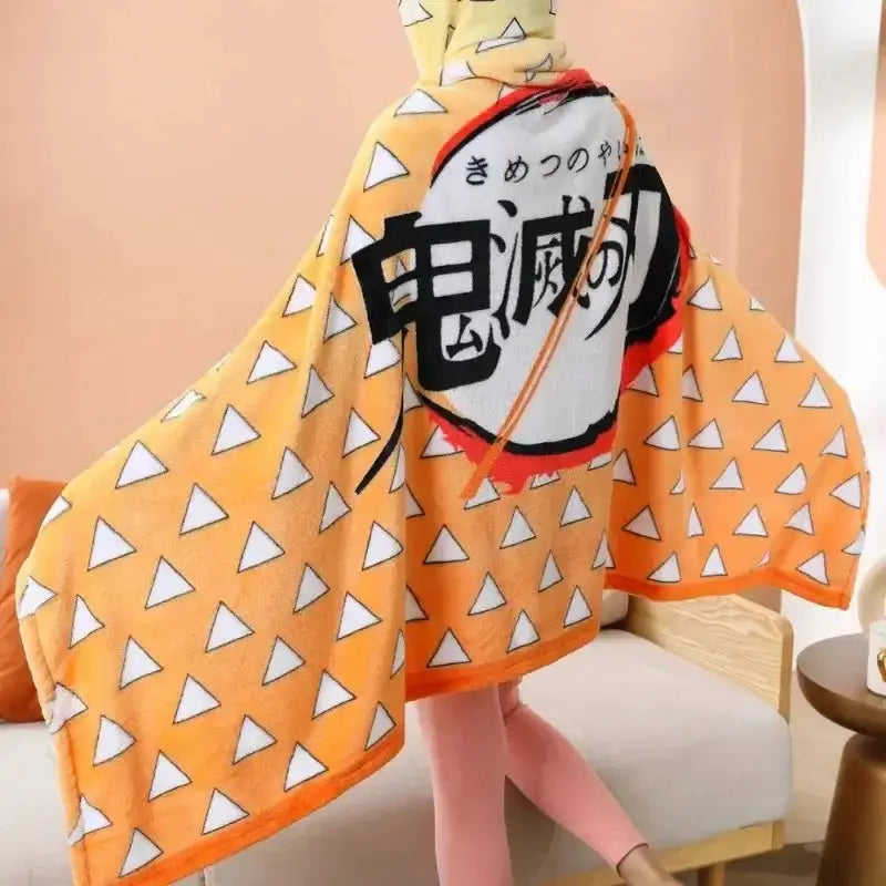 Tanjiro Demon Slayer blanket and cosplay shawl from Infinite Visibility, featuring detailed anime character design and cozy fabric.