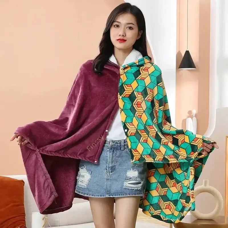 Demon Slayer Tanjiro cosplay bathrobe and shawl featuring detailed anime-inspired design, perfect for fans and cosplay enthusiasts.