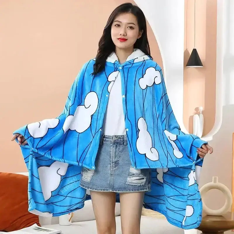 Demon Slayer Tanjiro cosplay blanket and bathrobe featuring detailed anime design, warm and comfortable for fans of the series.