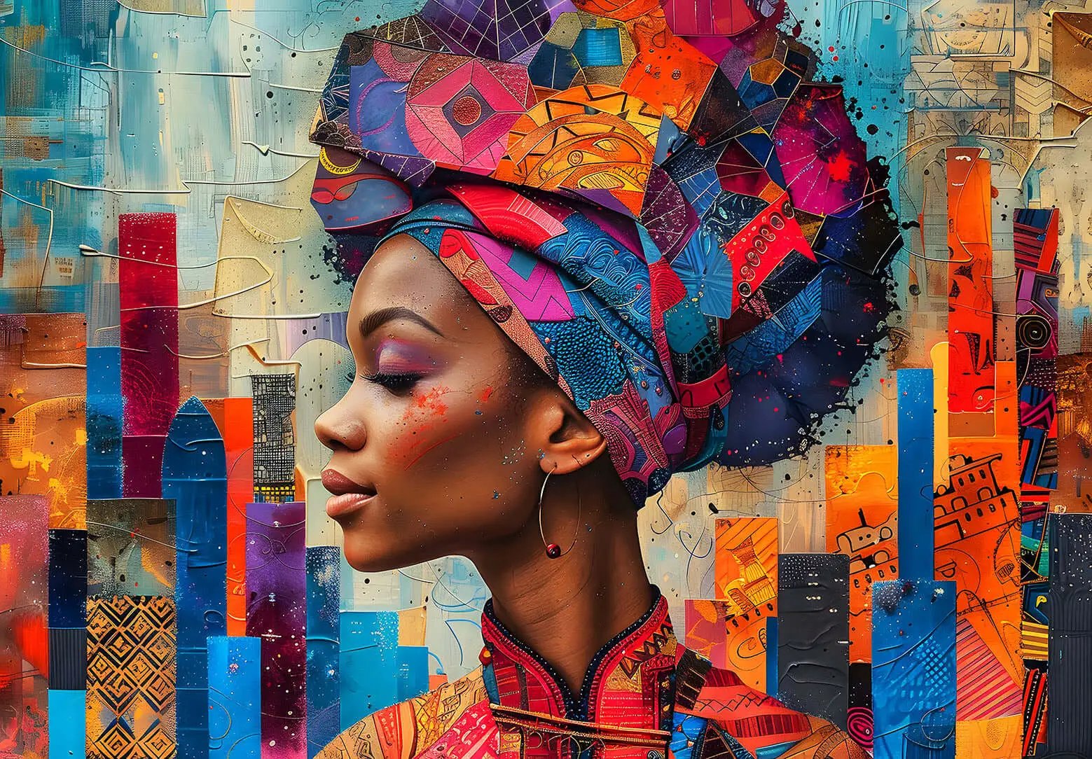 African Queen abstract digital portrait artwork titled Urban Serenity by Infinite Visibility, featuring vibrant colors and urban-inspired design.