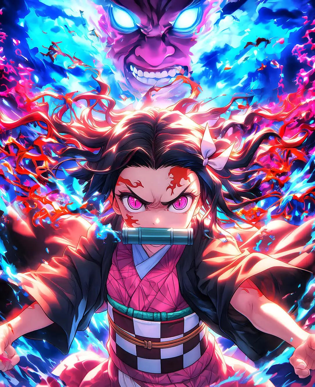 Digital product image of Nezuko Kamado from Demon Slayer, showcasing her inner turmoil, strength, and determination.