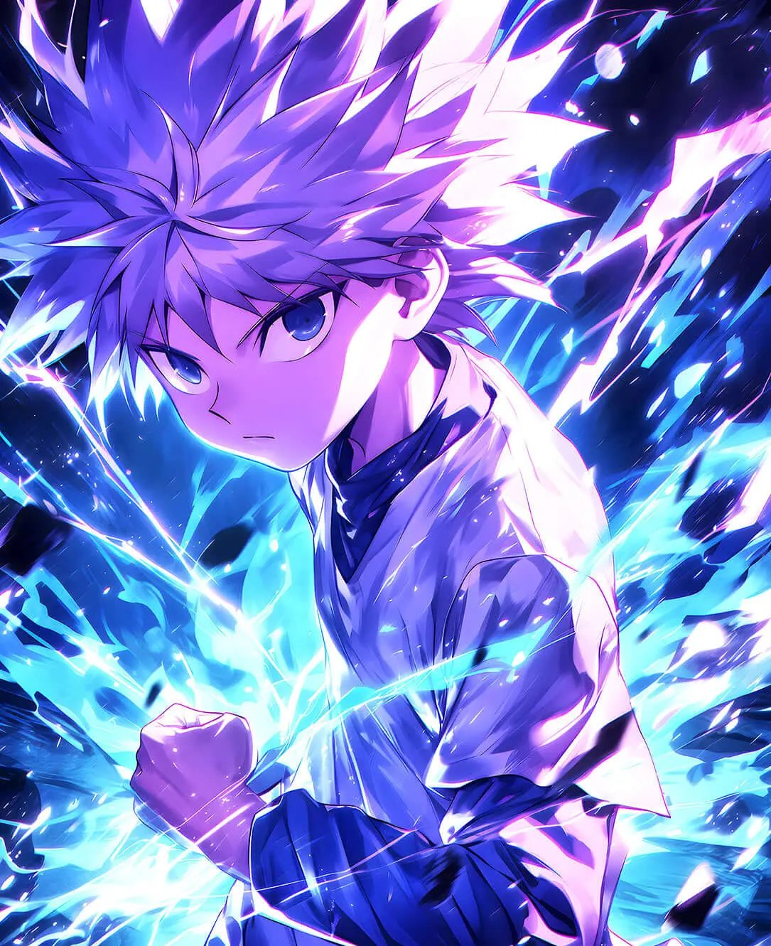 Digital artwork of Killua from Hunter x Hunter, titled Electric Aura Fighter, by Infinite Visibility, featuring vibrant electric blue tones.