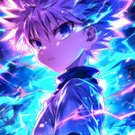 Digital art download of Killua Zoldyck from anime, featuring dynamic lightning and action-inspired design by Infinite Visibility.