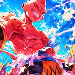 Digital art tribute of Majin Buu from Dragon Ball Z, showcasing vibrant colors and chaotic energy in a dynamic scene.