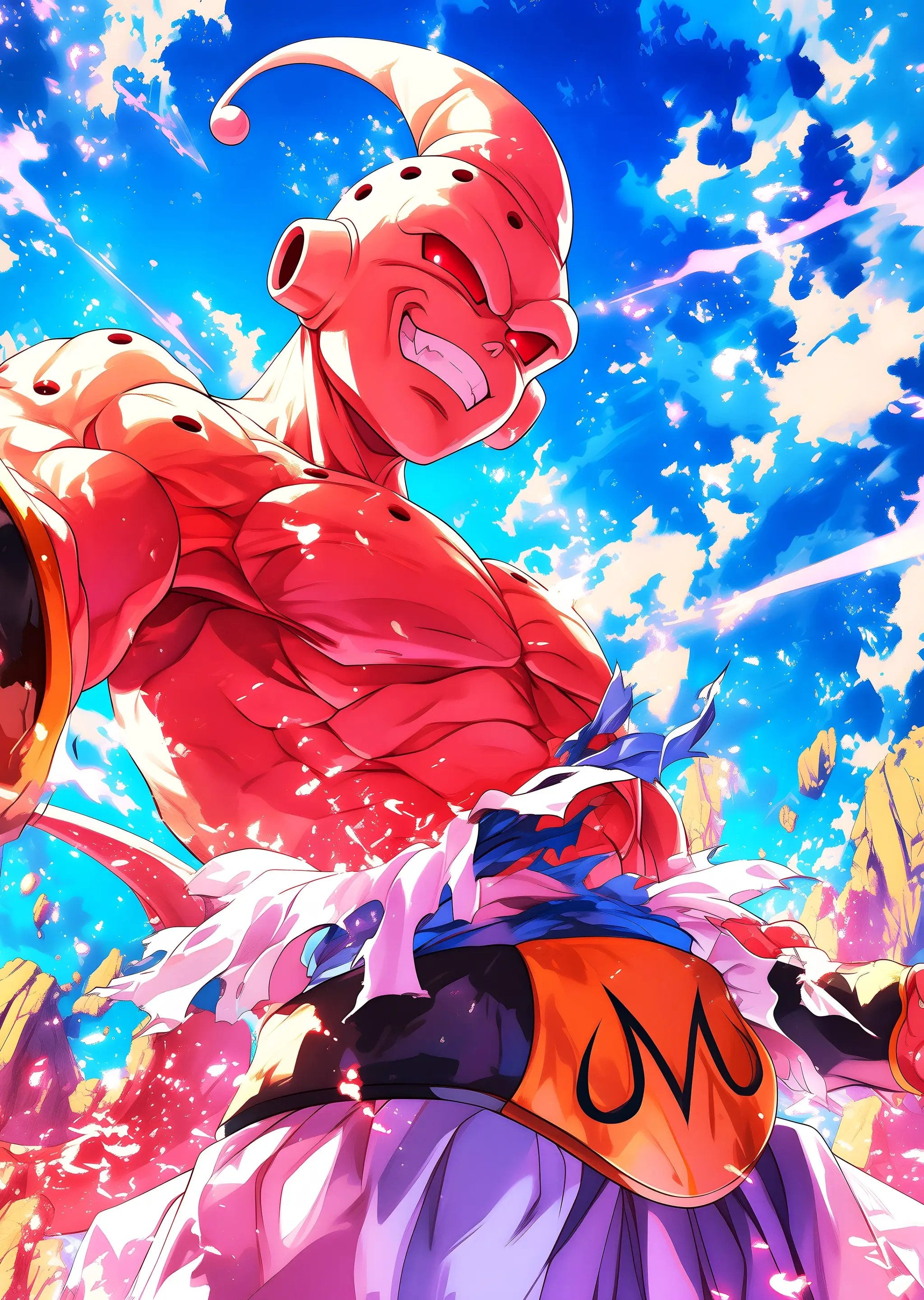 Digital art tribute of Majin Buu from Dragon Ball Z, showcasing vibrant colors and chaotic energy in a dynamic scene.