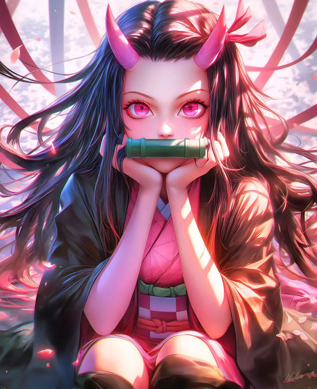 Digital artwork of Nezuko Kamado from Demon Slayer, showcasing her inner strength, determination, and fiery power.