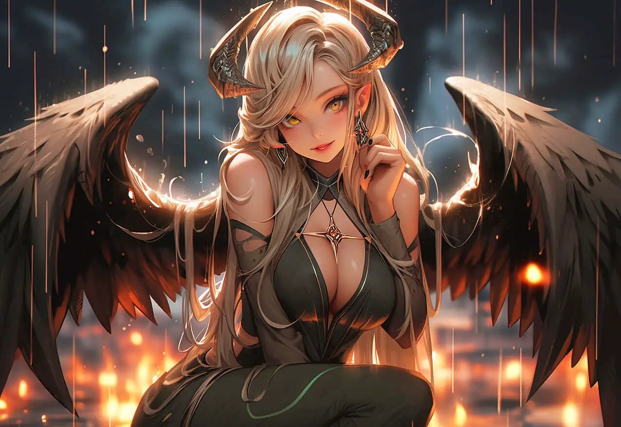 Ethereal anime demon girl digital art by Infinite Visibility, featuring rain-kissed details and vivid fantasy illustration.