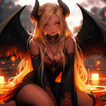 Digital art of a melancholic anime demon girl titled "Rain's Embrace" by Infinite Visibility, showcasing dark, emotional character design.