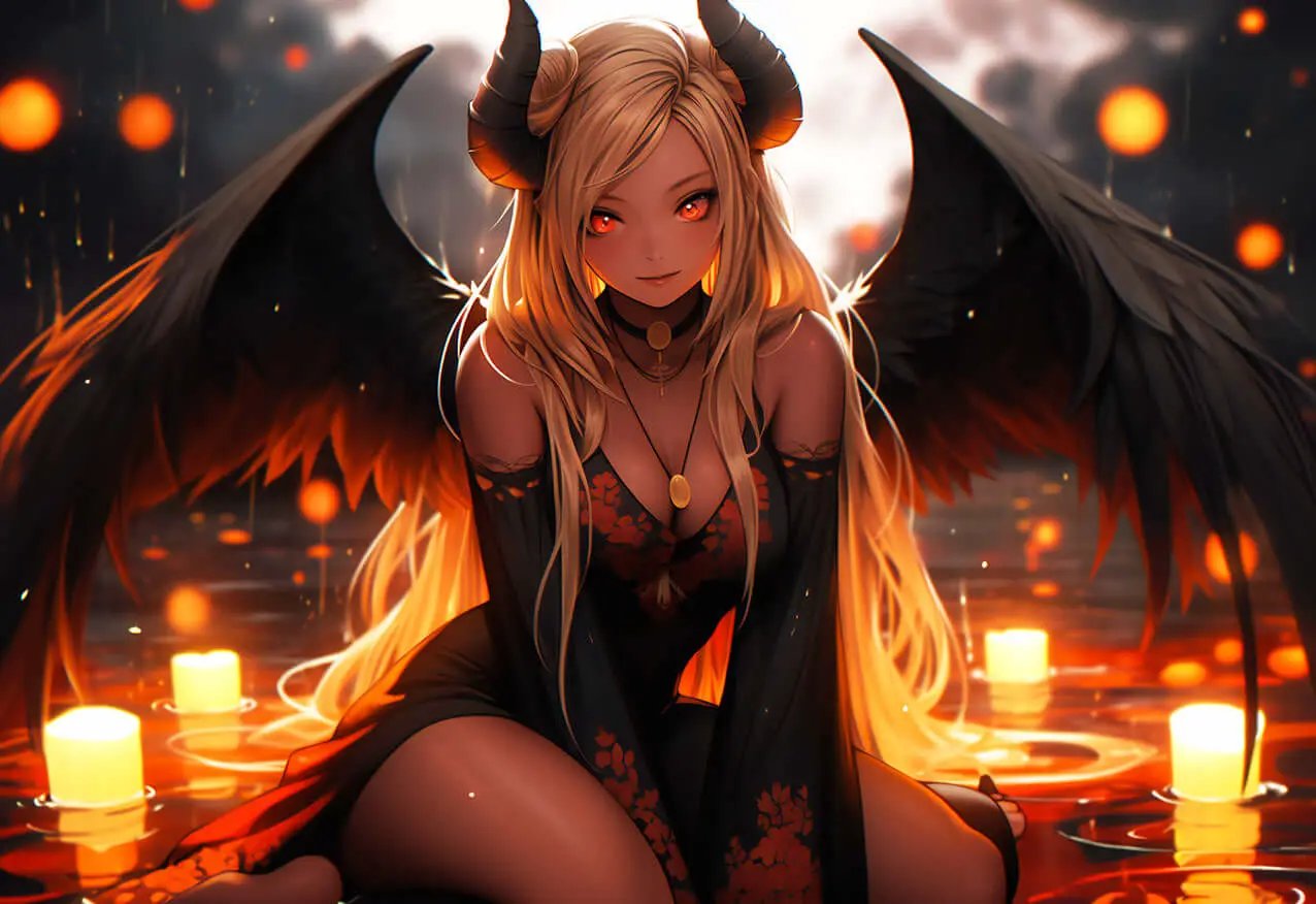Digital art of a melancholic anime demon girl titled "Rain's Embrace" by Infinite Visibility, showcasing dark, emotional character design.