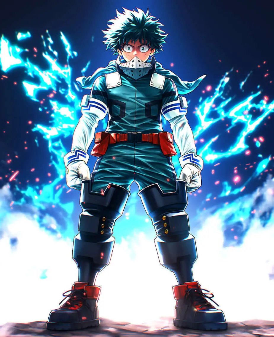 Digital art of Deku from My Hero Academia, titled Heroic Heart, showcasing his determined expression and heroic pose.