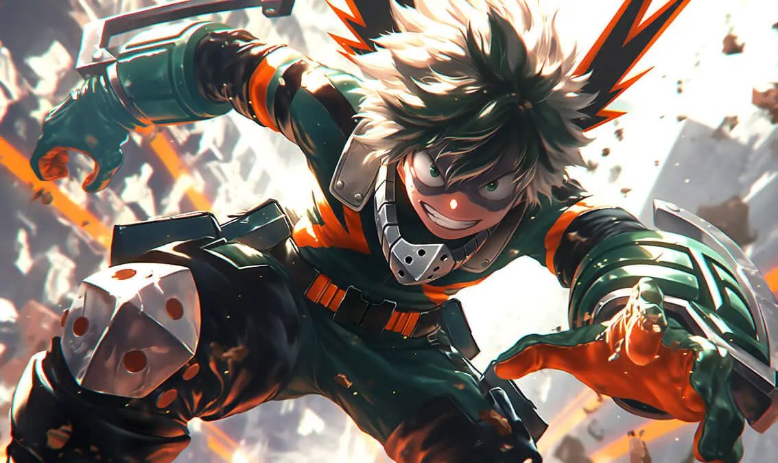 Digital artwork of Deku from My Hero Academia in an unwavering stance, showcasing heroism and determination.