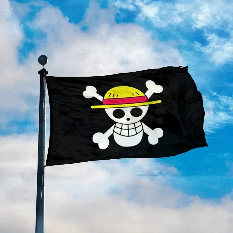 Straw Hat Pirates Jolly Roger flag from One Piece with black skull and crossbones, white hat, and banner design.