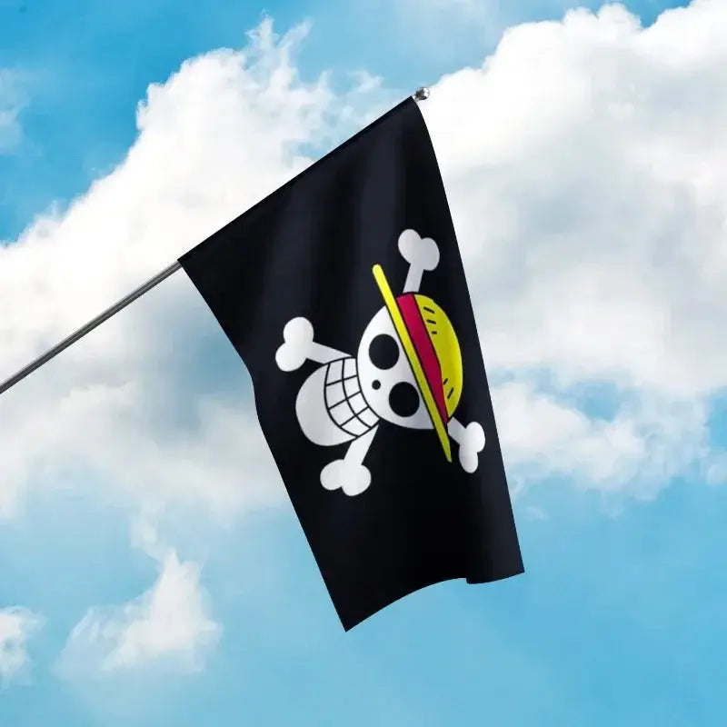 Straw Hat Pirates Jolly Roger flag featuring the One Piece logo, ideal for fans and pirate-themed decor.