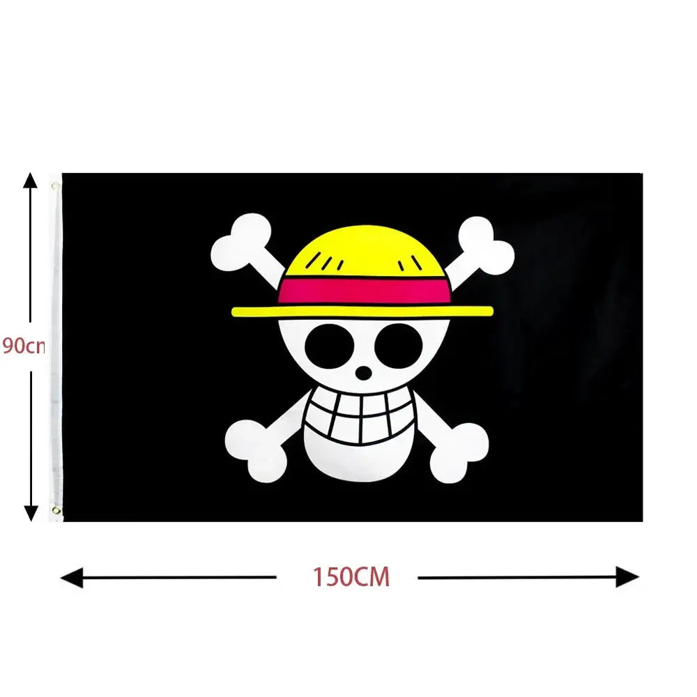 Black and white Straw Hat Pirates Jolly Roger banner flag from One Piece, featuring the iconic skull and crossbones design.