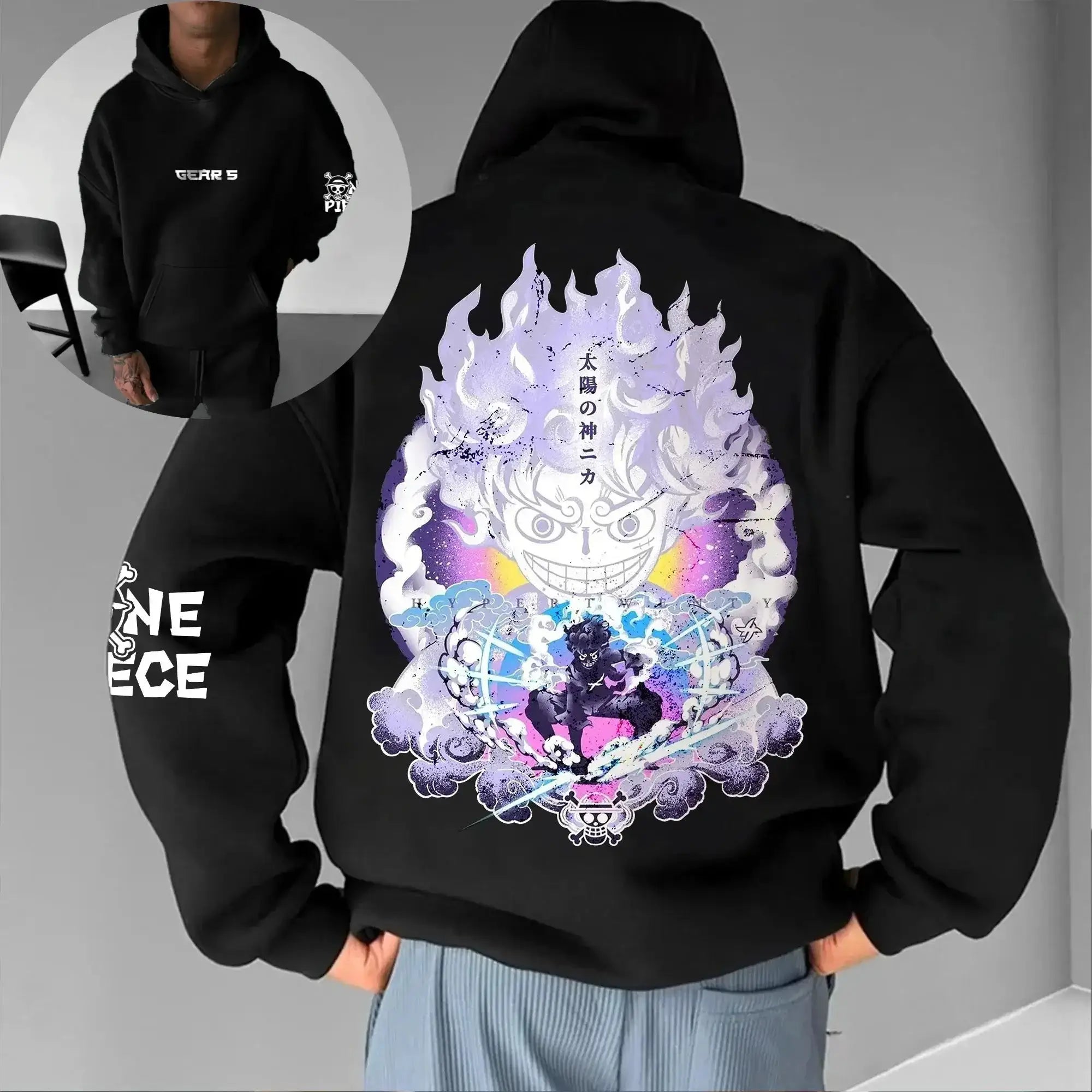 Black hoodie featuring Luffy Gear 5 Nika design from Infinite Visibility, casual streetwear style with a bold graphic print.