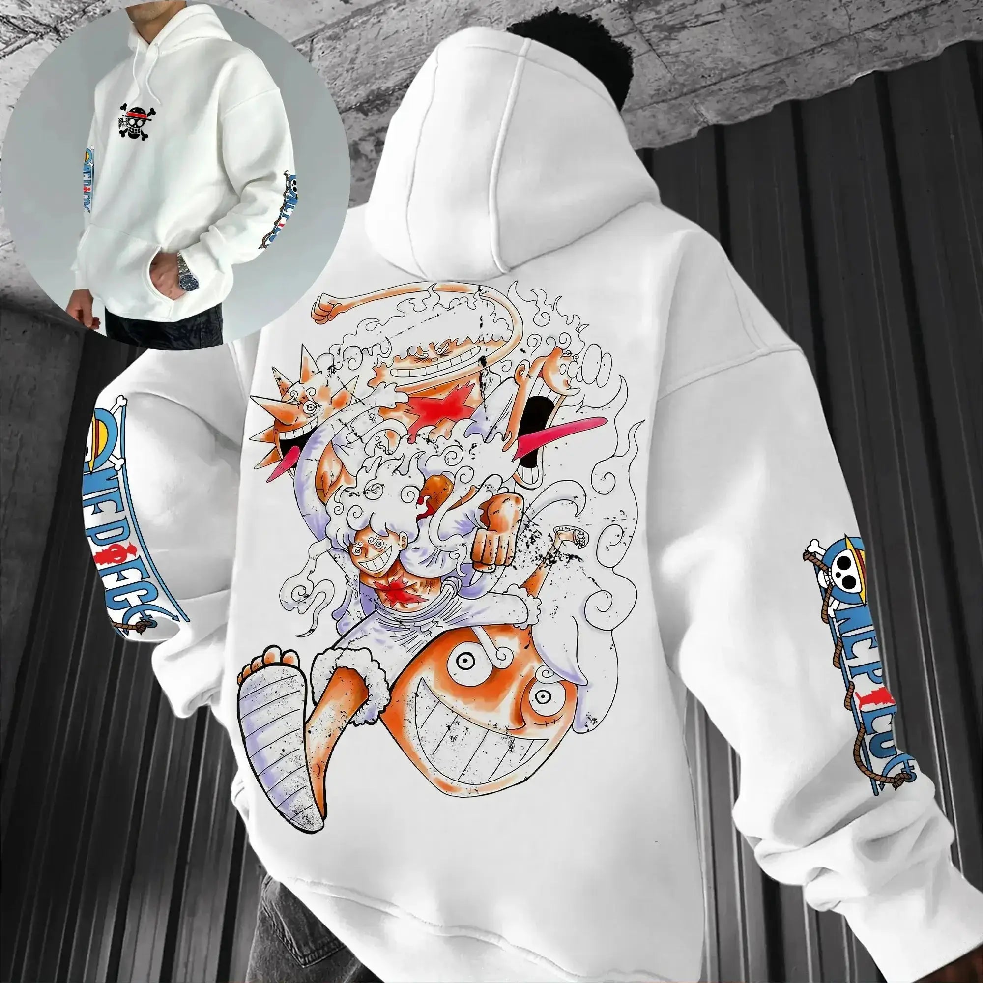 Black hoodie featuring Luffy Gear 5 Nika design from Infinite Visibility, streetwear style with bold graphic print.
