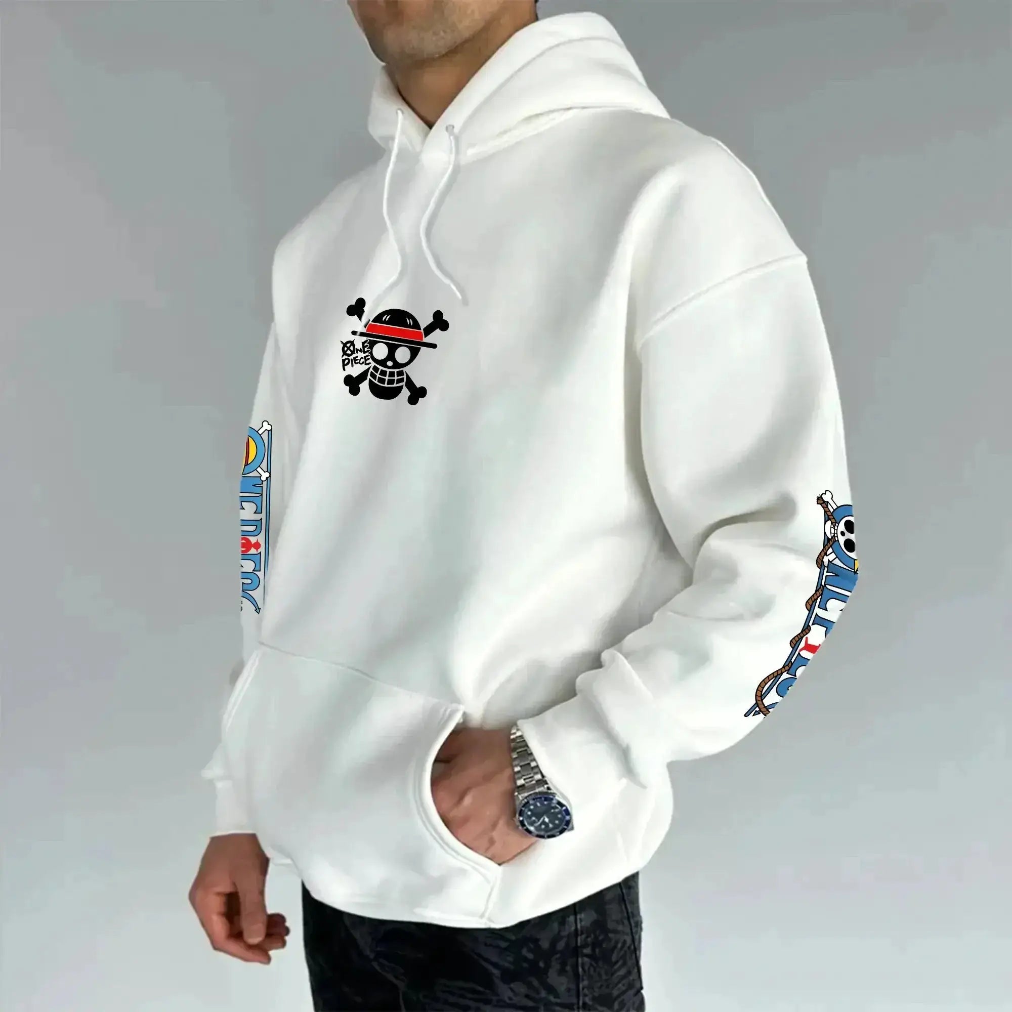 Black hoodie featuring Luffy Gear 5 Nika design from One Piece, by Infinite Visibility, showcasing front view with detailed graphics.