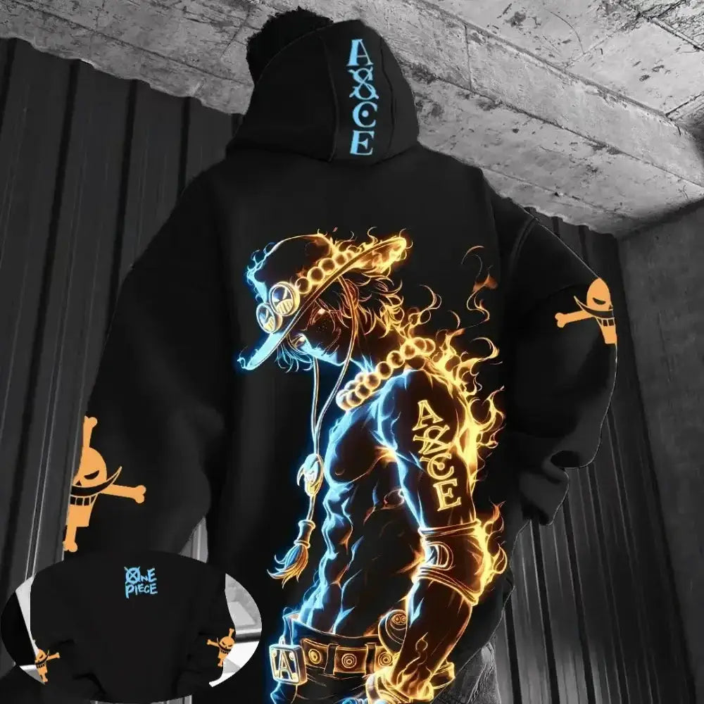 Portgas D. Ace hoodie from One Piece anime, featuring bold graphic design, perfect for parent-child matching wear, by Infinite Visibility.