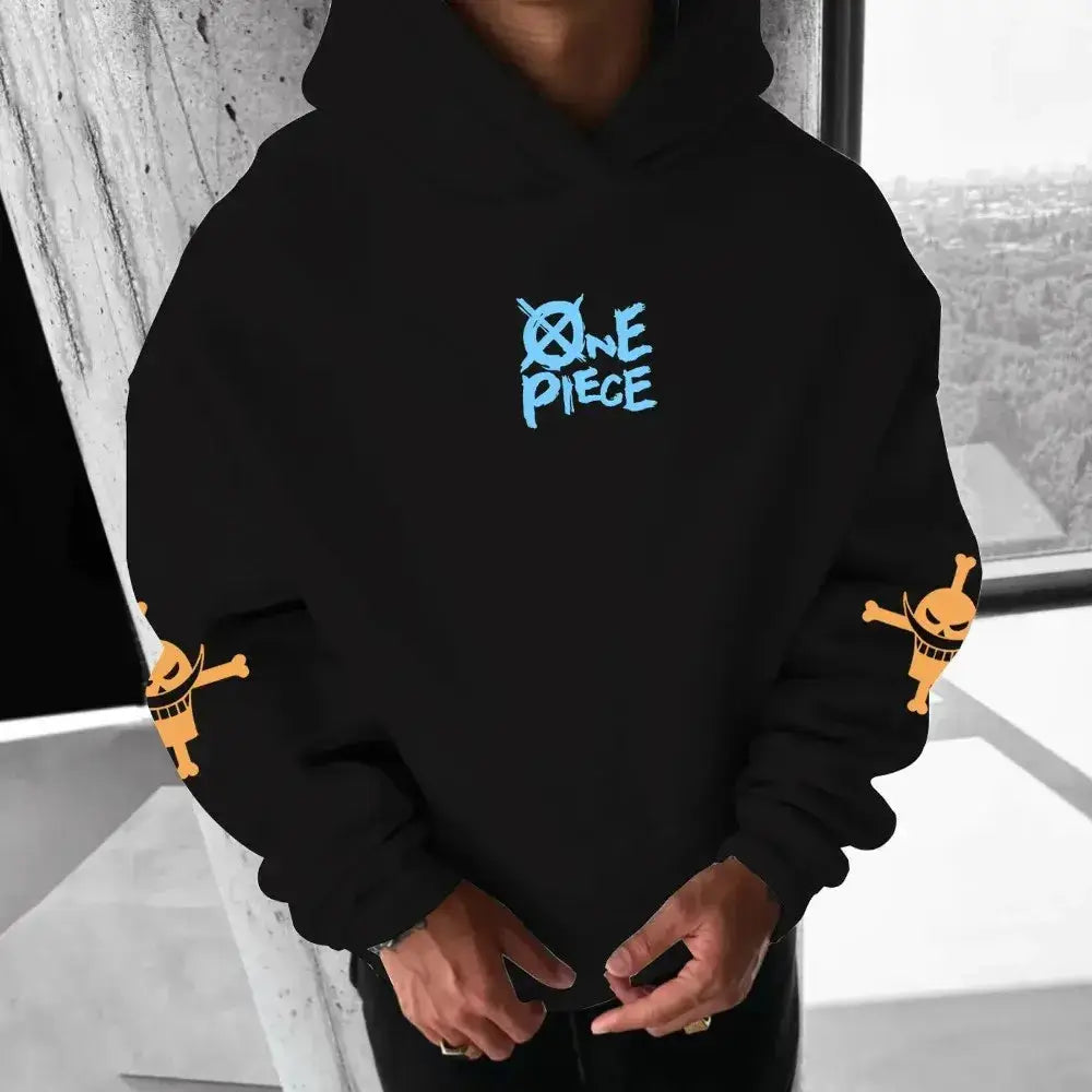 Portgas D. Ace hoodie from One Piece anime, featuring bold graphic design, perfect for parent-child matching outfits, by Infinite Visibility.
