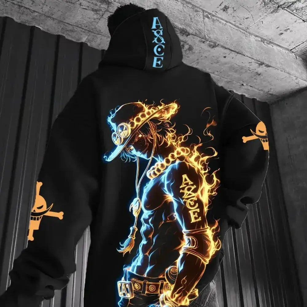 Portgas D. Ace hoodie from One Piece anime, featuring bold character design, ideal for parent-child matching outfits.