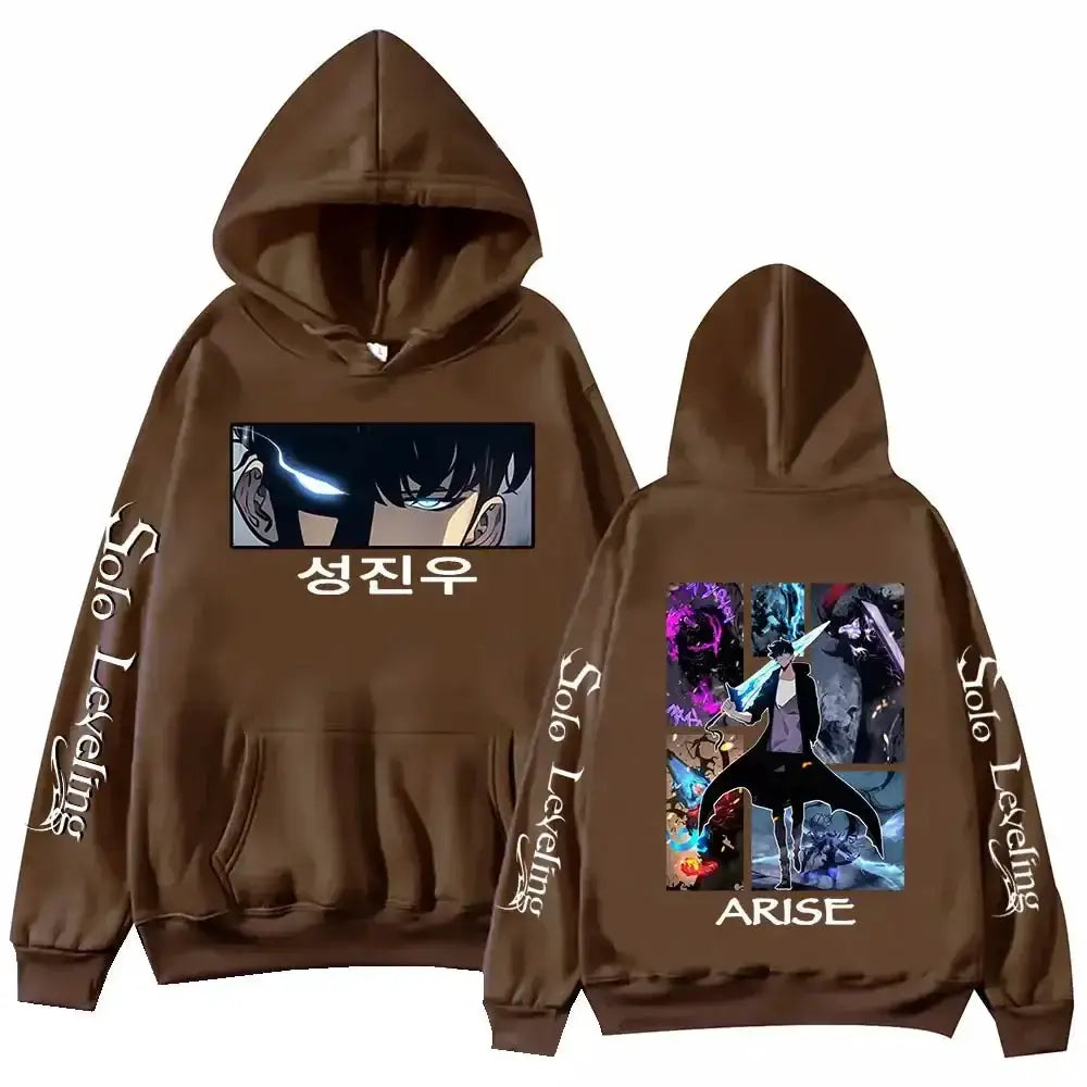 Black Solo Leveling anime hoodie by Infinite Visibility featuring Harajuku fleece pullover with vibrant graphic design.
