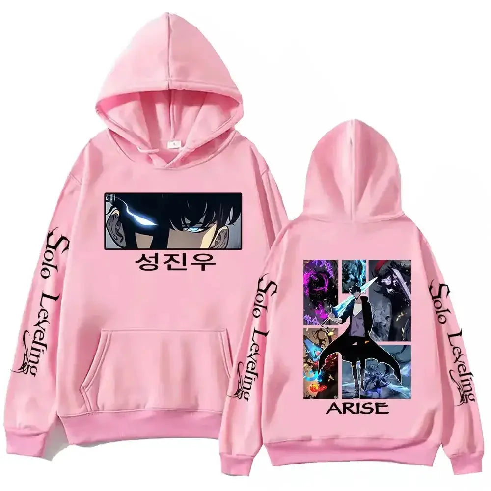 Black Solo Leveling anime hoodie by Infinite Visibility featuring Harajuku fleece pullover with graphic design and comfortable fit.
