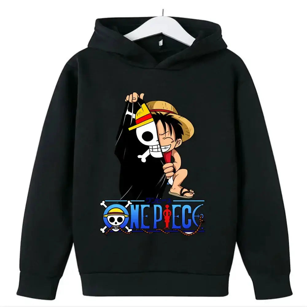 Kids Luffy One Piece hoodie from Infinite Visibility, featuring a pullover design with colorful character graphics.