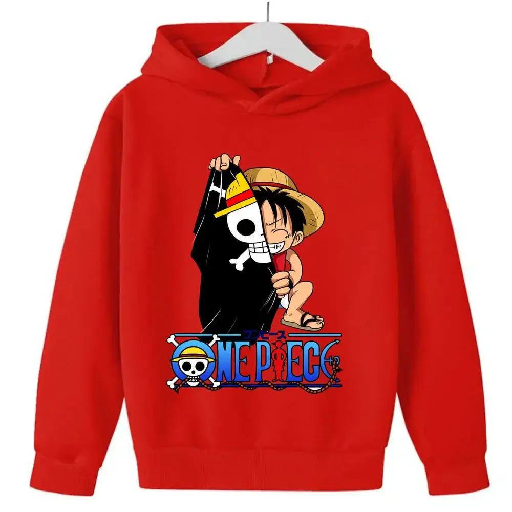 Kids' One Piece Luffy hoodie, cosplay pullover from Infinite Visibility, featuring vibrant design and comfortable fit for children.