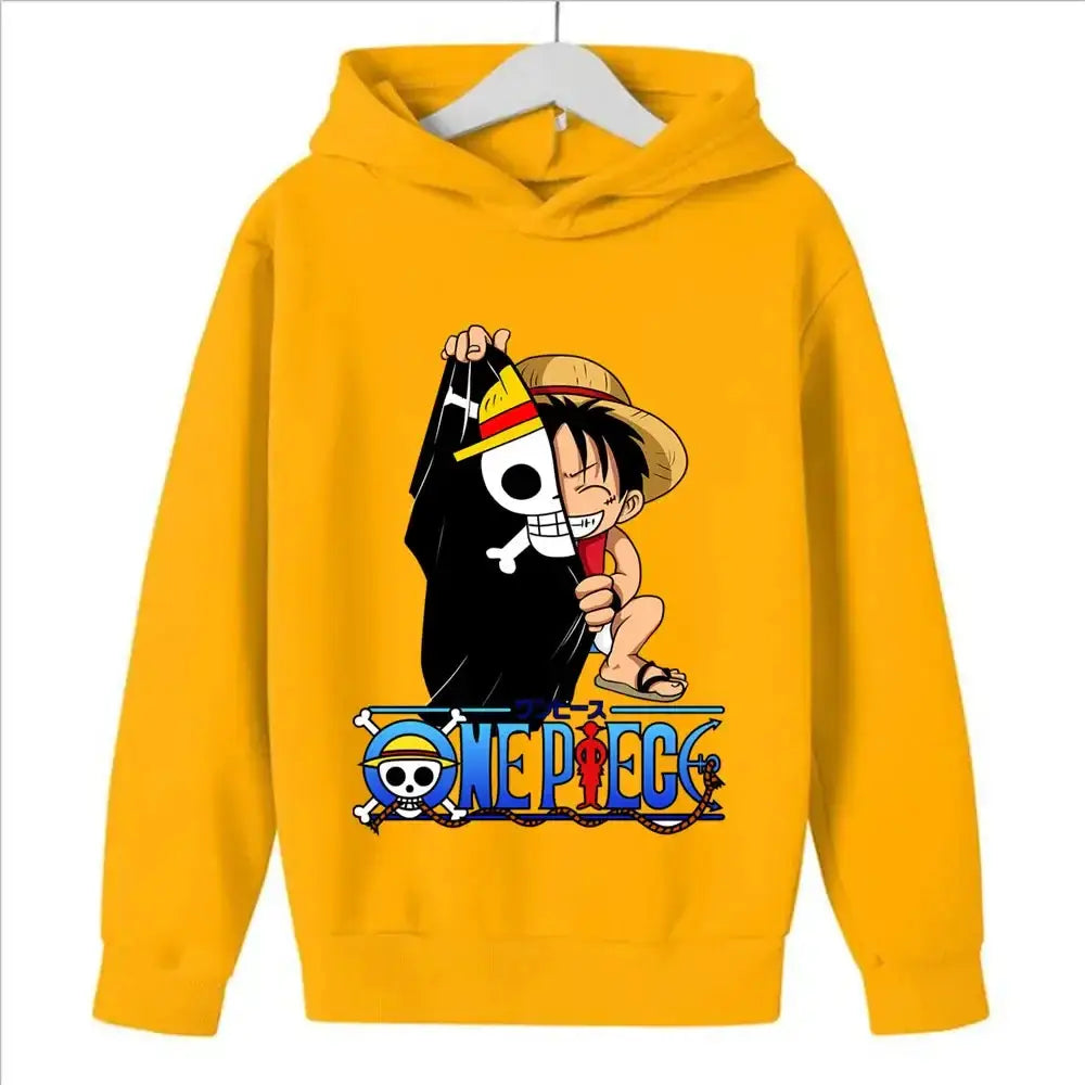 Kids' Luffy hoodie from One Piece cosplay, soft pullover hoodie in black with graphic print, by Infinite Visibility.