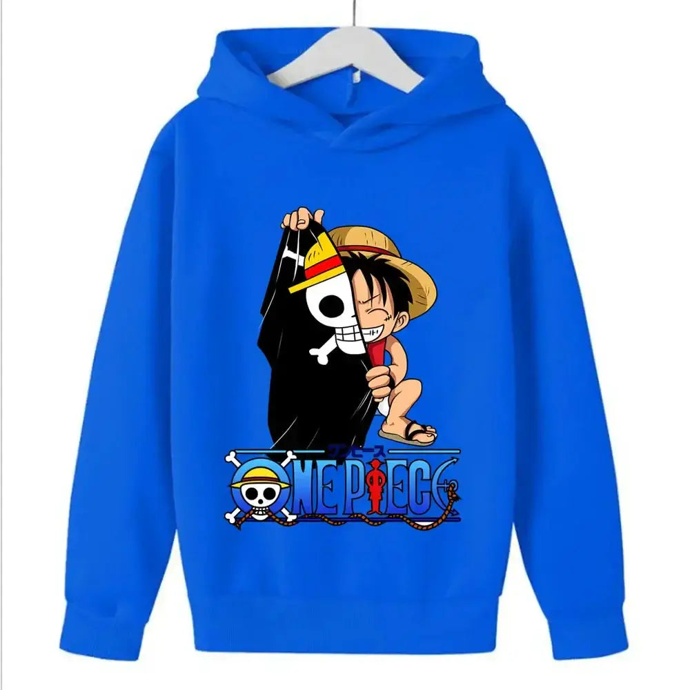 Kids' One Piece Luffy hoodie from Infinite Visibility featuring a comfortable pullover design with a vibrant cosplay print.