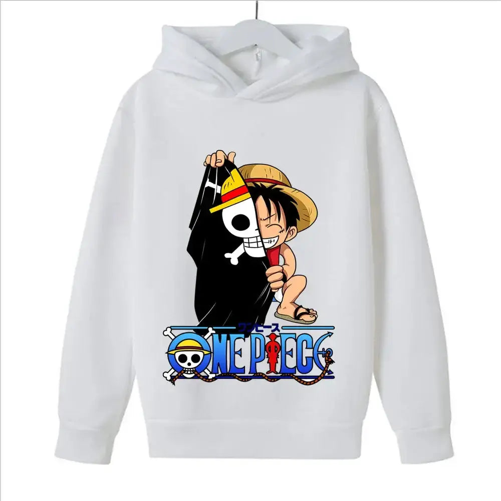 Kids' One Piece hoodie featuring Luffy cosplay design by Infinite Visibility, with a pullover style and vibrant character graphics.