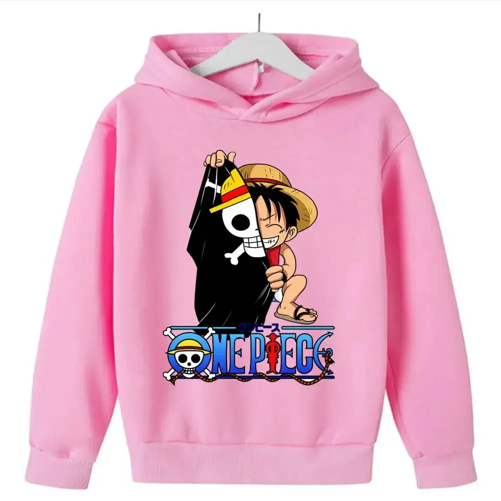Kids One Piece Luffy hoodie by Infinite Visibility featuring a colorful pullover cosplay hoodie with character graphics.