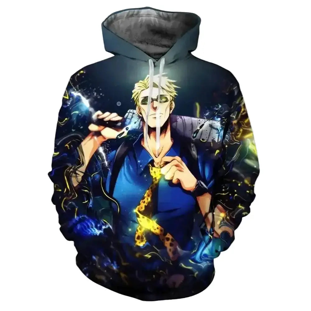 Black Satoru Gojo hoodie from Jujutsu Kaisen by Infinite Visibility featuring manga-style artwork and comfortable sweatshirt fabric.
