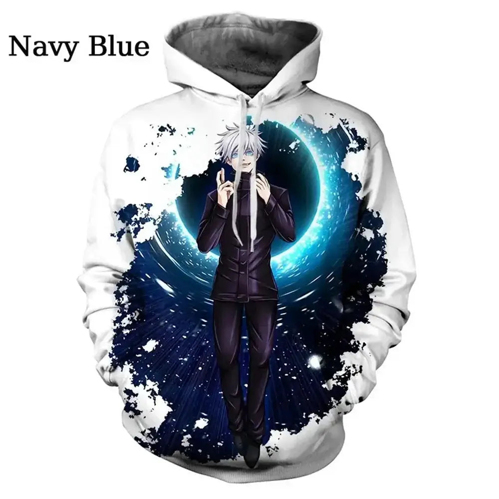 Satoru Gojo anime hoodie from Jujutsu Kaisen by Infinite Visibility, featuring character artwork on a comfortable black sweatshirt.