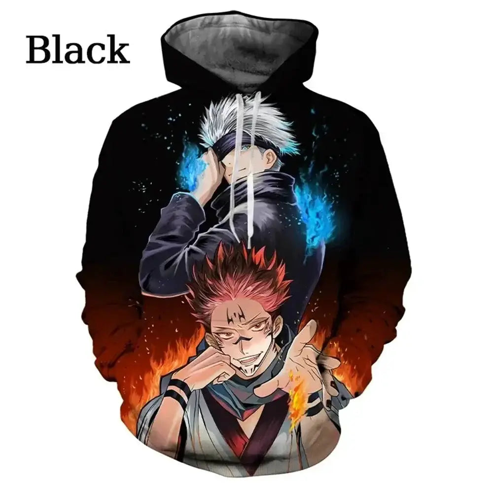 Satoru Gojo anime hoodie from Jujutsu Kaisen by Infinite Visibility featuring a graphic print of the manga character on a black sweatshirt.