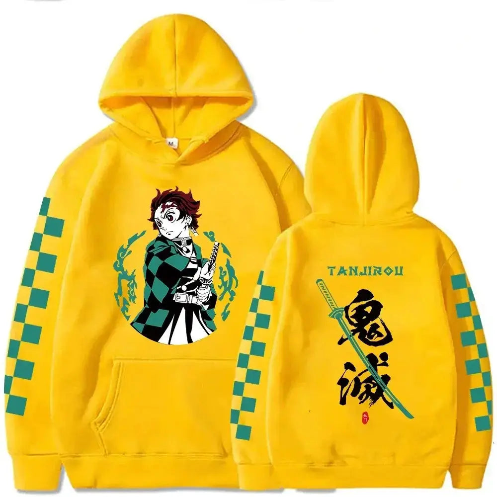 Plus size Tanjiro Kamado Demon Slayer hoodie with tan color and detailed character design from Infinite Visibility.