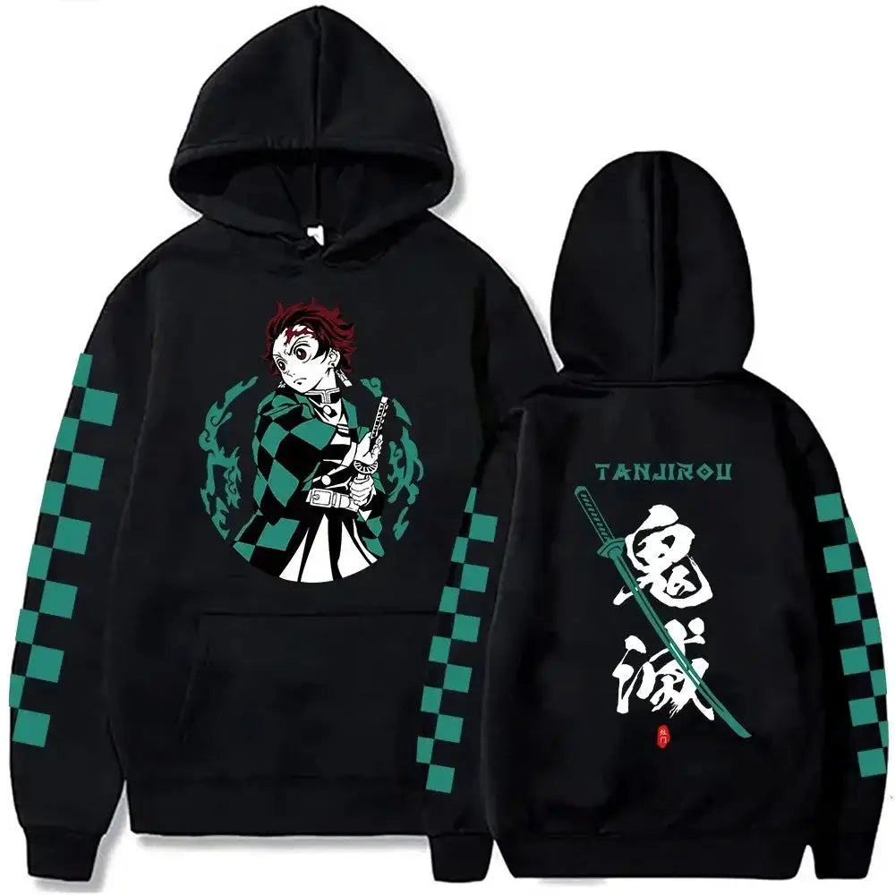 Plus size Tanjiro Kamado hoodie from Infinite Visibility featuring Demon Slayer character design on a tan sweatshirt.